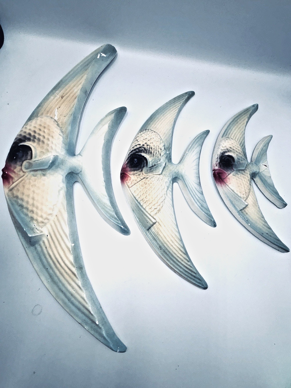3 Large Vintage Chalkware Fish Wall Hanging Figures Angelfish Unique READ